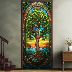 Stained Glass Tree of Life Door Covers Mural Decor Door Tapestry Door Curtain Decoration Backdrop Door Banner Removable for Front Door Indoor Outdoor Home Room Decoration Farmhouse Decor Supplies