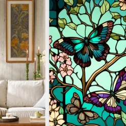 Stained Glass Window Film Colorful Retro Green Butterfly Window Glass Electrostatic Stickers Removable Window Privacy Stained Decorative Film for Home Office