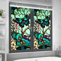 Stained Glass Window Film Colorful Retro Green Butterfly Window Glass Electrostatic Stickers Removable Window Privacy Stained Decorative Film for Home Office
