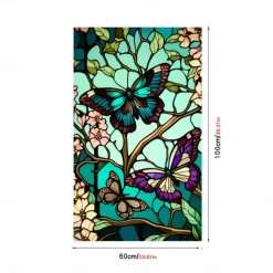 Stained Glass Window Film Colorful Retro Green Butterfly Window Glass Electrostatic Stickers Removable Window Privacy Stained Decorative Film for Home Office