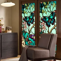 Stained Glass Window Film Colorful Retro Green Butterfly Window Glass Electrostatic Stickers Removable Window Privacy Stained Decorative Film for Home Office