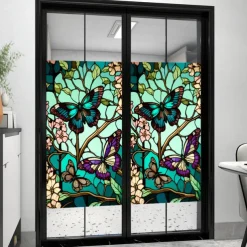 Stained Glass Window Film Colorful Retro Green Butterfly Window Glass Electrostatic Stickers Removable Window Privacy Stained Decorative Film for Home Office