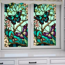 Stained Glass Window Film Colorful Retro Green Butterfly Window Glass Electrostatic Stickers Removable Window Privacy Stained Decorative Film for Home Office