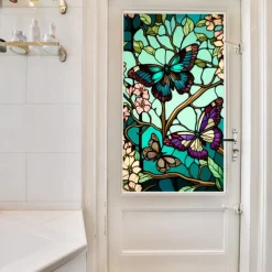 Stained Glass Window Film Colorful Retro Green Butterfly Window Glass Electrostatic Stickers Removable Window Privacy Stained Decorative Film for Home Office