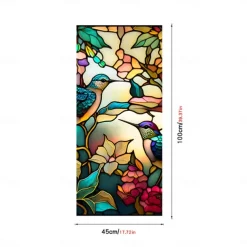Stained Glass Window Film Colorful Retro Flower Birds Window Glass Electrostatic Stickers Removable Window Privacy Stained Decorative Film for Home Office