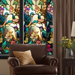Stained Glass Window Film Colorful Retro Flower Birds Window Glass Electrostatic Stickers Removable Window Privacy Stained Decorative Film for Home Office