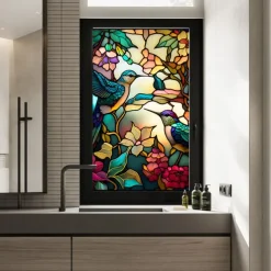 Stained Glass Window Film Colorful Retro Flower Birds Window Glass Electrostatic Stickers Removable Window Privacy Stained Decorative Film for Home Office