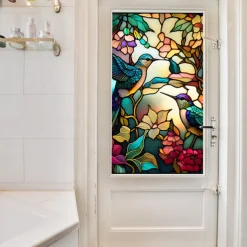 Stained Glass Window Film Colorful Retro Flower Birds Window Glass Electrostatic Stickers Removable Window Privacy Stained Decorative Film for Home Office