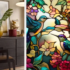 Stained Glass Window Film Colorful Retro Flower Birds Window Glass Electrostatic Stickers Removable Window Privacy Stained Decorative Film for Home Office