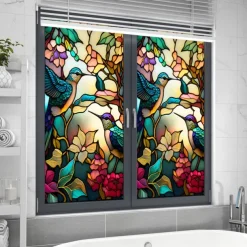 Stained Glass Window Film Colorful Retro Flower Birds Window Glass Electrostatic Stickers Removable Window Privacy Stained Decorative Film for Home Office