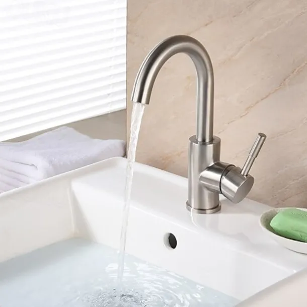 Stainless Steel Bathroom Sink Faucet Brushed Bath Taps Single Handle One Hole Adjustable Cold and Hot Water