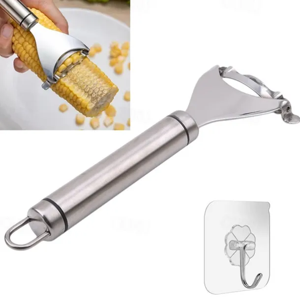 Stainless Steel Corn Stripper with Self-adhesive Hook Corns Threshing Corn Thresher Stripper Peeler Corn Kerneler Peeler Fruit Vegetable Kitchen Gadgets