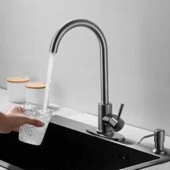 Stainless Steel Deck Mounted Kitchen Faucet, Nickel Brushed Multi-function Rotatable Kitchen Faucet with Hot and Cold Switch