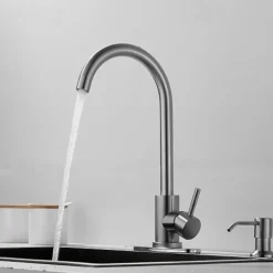 Stainless Steel Deck Mounted Kitchen Faucet, Nickel Brushed Multi-function Rotatable Kitchen Faucet with Hot and Cold Switch