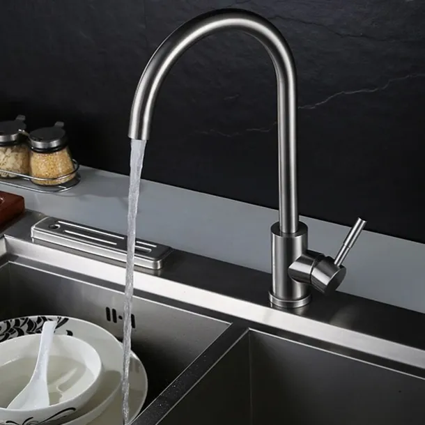 Stainless Steel Kitchen Faucet,Nickel Brushed Free Standing Single Handle One Hole Standard Spout High Arc 360° Rotatable Bathroom Sink Faucet with Hot and Cold Water Switch