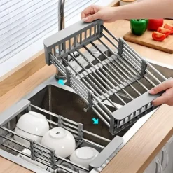Stainless Steel Retractable Dish Drying Rack Expandable Kitchen Strainer Drain Draining Basket Over the Sink Adjustable Armrest, Washing Bowl Shelf for Vegetable and Fruit