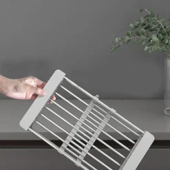 Stainless Steel Retractable Dish Drying Rack Expandable Kitchen Strainer Drain Draining Basket Over the Sink Adjustable Armrest, Washing Bowl Shelf for Vegetable and Fruit