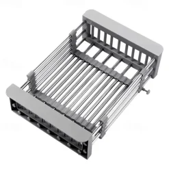 Stainless Steel Retractable Dish Drying Rack Expandable Kitchen Strainer Drain Draining Basket Over the Sink Adjustable Armrest, Washing Bowl Shelf for Vegetable and Fruit