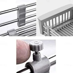 Stainless Steel Retractable Dish Drying Rack Expandable Kitchen Strainer Drain Draining Basket Over the Sink Adjustable Armrest, Washing Bowl Shelf for Vegetable and Fruit