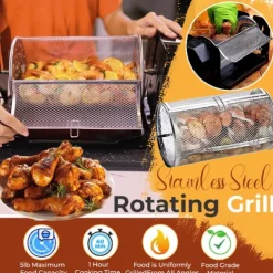Stainless Steel Rotating Grill, 360-Degree Rotisserie for Even Cooking, Multifunctional Oven and Air Fryer Compatible, Easy to Clean BBQ and Party Essential