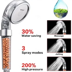 Stainless Steel Shower Head with handheld, Filter Filtration High Pressure Water Saving 3 Mode Function Spray Handheld Showerheads for Dry Skin & Hair