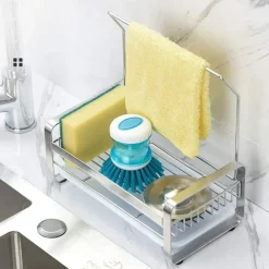 Stainless Steel Sponge Holder with Dishcloth Drying Rack Kitchen Sink Organizer Caddy Tray Sponge Brush Soap Holder Set with Removable Drain Tray for Kitchen
