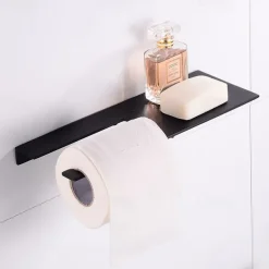 Stainless Steel Toilet Paper Holder New Design Tray Paper Roll Holder Bathroom Shelf Wall Mounted Matte Black 1pc