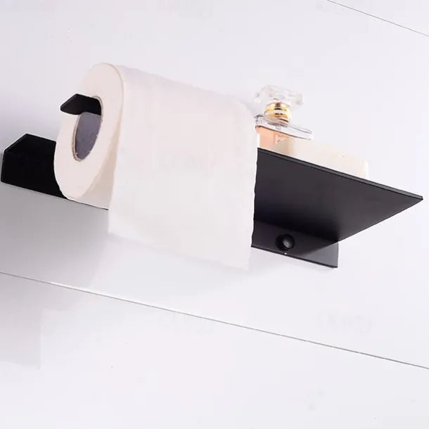 Stainless Steel Toilet Paper Holder New Design Tray Paper Roll Holder Bathroom Shelf Wall Mounted Matte Black 1pc