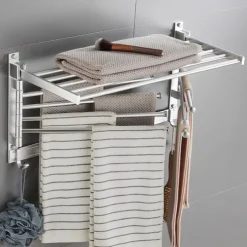 Stainless Steel Towel Rack,Bathroom Towel Rack with Shelf,Foldable Towel Shelf with Movable Hooks Rustproof Towel Storage Wall Mount for Bathroom Lavatory Matte Black