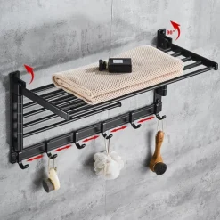 Stainless Steel Towel Rack,Bathroom Towel Rack with Shelf,Foldable Towel Shelf with Movable Hooks Rustproof Towel Storage Wall Mount for Bathroom Lavatory Matte Black