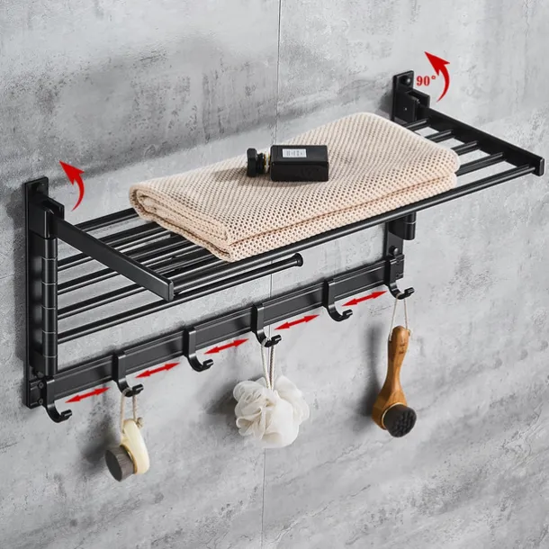 Stainless Steel Towel Rack,Bathroom Towel Rack with Shelf,Foldable Towel Shelf with Movable Hooks Rustproof Towel Storage Wall Mount for Bathroom Lavatory Matte Black