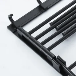 Stainless Steel Towel Rack,Bathroom Towel Rack with Shelf,Foldable Towel Shelf with Movable Hooks Rustproof Towel Storage Wall Mount for Bathroom Lavatory Matte Black