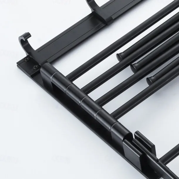 Stainless Steel Towel Rack,Bathroom Towel Rack with Shelf,Foldable Towel Shelf with Movable Hooks Rustproof Towel Storage Wall Mount for Bathroom Lavatory Matte Black