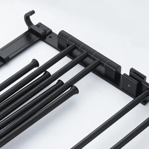 Stainless Steel Towel Rack,Bathroom Towel Rack with Shelf,Foldable Towel Shelf with Movable Hooks Rustproof Towel Storage Wall Mount for Bathroom Lavatory Matte Black