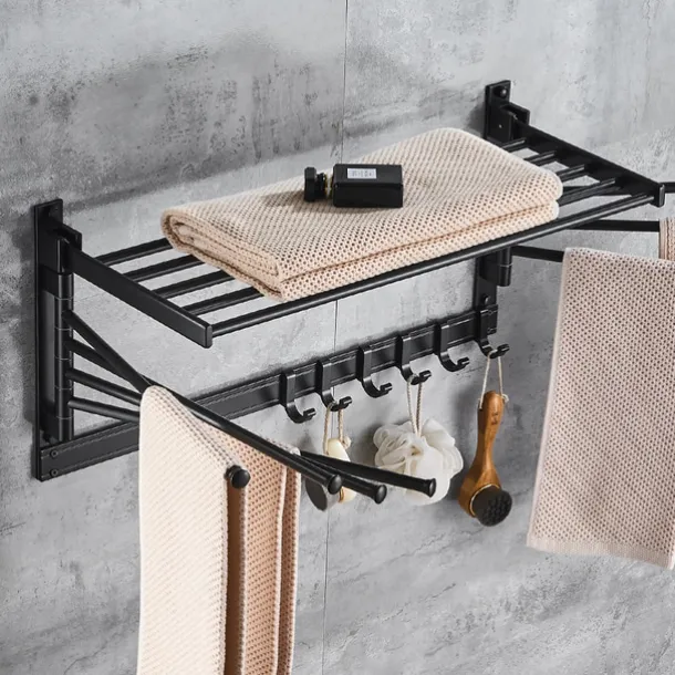 Stainless Steel Towel Rack,Bathroom Towel Rack with Shelf,Foldable Towel Shelf with Movable Hooks Rustproof Towel Storage Wall Mount for Bathroom Lavatory Matte Black