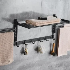 Stainless Steel Towel Rack,Bathroom Towel Rack with Shelf,Foldable Towel Shelf with Movable Hooks Rustproof Towel Storage Wall Mount for Bathroom Lavatory Matte Black