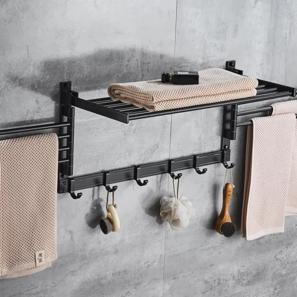 Stainless Steel Towel Rack,Bathroom Towel Rack with Shelf,Foldable Towel Shelf with Movable Hooks Rustproof Towel Storage Wall Mount for Bathroom Lavatory Matte Black