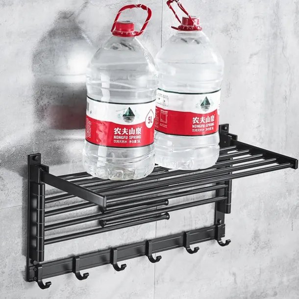 Stainless Steel Towel Rack,Bathroom Towel Rack with Shelf,Foldable Towel Shelf with Movable Hooks Rustproof Towel Storage Wall Mount for Bathroom Lavatory Matte Black