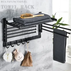Stainless Steel Towel Rack,Bathroom Towel Rack with Shelf,Foldable Towel Shelf with Movable Hooks Rustproof Towel Storage Wall Mount for Bathroom Lavatory Matte Black