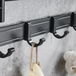 Stainless Steel Towel Rack,Bathroom Towel Rack with Shelf,Foldable Towel Shelf with Movable Hooks Rustproof Towel Storage Wall Mount for Bathroom Lavatory Matte Black