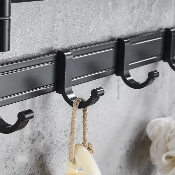 Stainless Steel Towel Rack,Bathroom Towel Rack with Shelf,Foldable Towel Shelf with Movable Hooks Rustproof Towel Storage Wall Mount for Bathroom Lavatory Matte Black