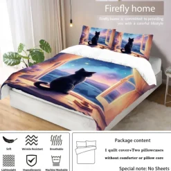 Starry Sky Black Night Cat Duvet Cover 3-piece Set Plush Cloth Lightweight and Soft Short Fluff Set for Summer