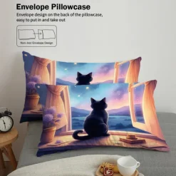 Starry Sky Black Night Cat Duvet Cover 3-piece Set Plush Cloth Lightweight and Soft Short Fluff Set for Summer