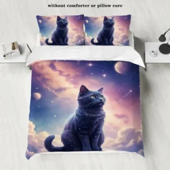 Starry Sky Black Night Cat Duvet Cover 3-piece Set Plush Cloth Lightweight and Soft Short Fluff Set for Summer
