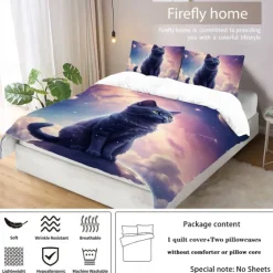 Starry Sky Black Night Cat Duvet Cover 3-piece Set Plush Cloth Lightweight and Soft Short Fluff Set for Summer