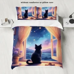 Starry Sky Black Night Cat Duvet Cover 3-piece Set Plush Cloth Lightweight and Soft Short Fluff Set for Summer