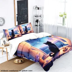 Starry Sky Black Night Cat Duvet Cover 3-piece Set Plush Cloth Lightweight and Soft Short Fluff Set for Summer