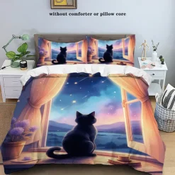 Starry Sky Black Night Cat Duvet Cover 3-piece Set Plush Cloth Lightweight and Soft Short Fluff Set for Summer