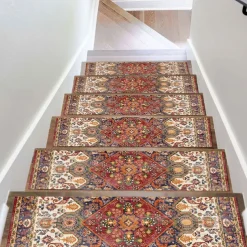 Step Tread Carpet Boho Style Non-Slip Carpet Stair Treads for Kids Elders and Pets Ethnic Design Stair Tread Mats W20*L76cm