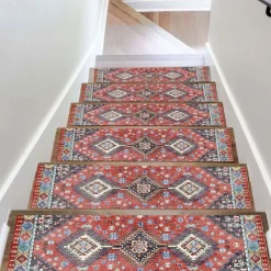 Step Tread Carpet Boho Style Non-Slip Carpet Stair Treads for Kids Elders and Pets Ethnic Design Stair Tread Mats W20*L76cm